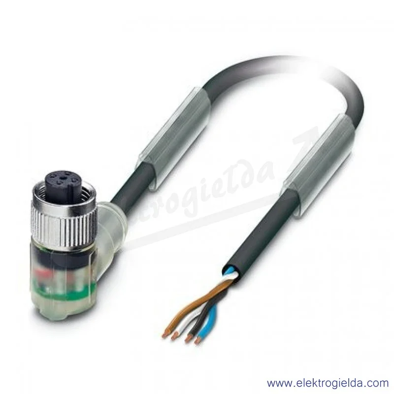 Przewód z gniazdem 1668302, SAC-4P-5,0-PUR/M12FR-3L, 4P, M12, 5m, z LED, kątowe, z wolnym końcem przewodów