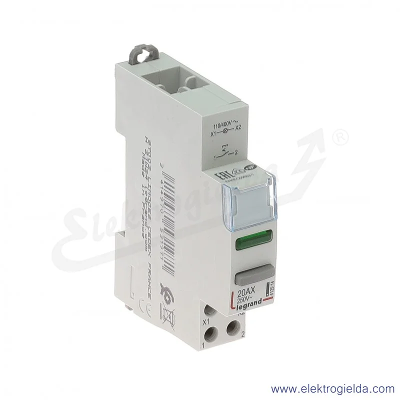 Łącznik przyciskowy modułowy 412914, LP 451, 1z+L, z lampką zieloną LED, 110/400VAC, 20A