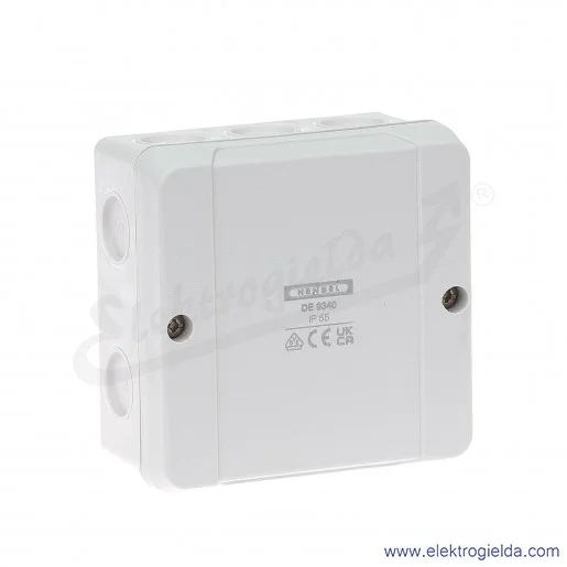 Puszka odgałęźna DE 9340 szara, IP 55, 98x98x52mm, z dławnicami membranowymi, bez zacisków Puszka odgałęźna DE 9340 szara, IP 55, 98x98x52mm, z dławnicami membranowymi, bez zacisków