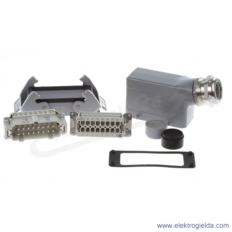 Złącze kompletne 10330160000, HAN-KIT 16B, 16pin, obudowa wtykowa kątowa, obudowa gniazda pulpitowa, z dławikiem, odp. H-BE