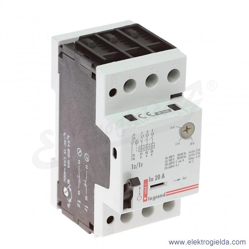 Wyłącznik silnikowy 606831, M 250 14-20A 1z+1r, prąd zadziałania wyzwalaczy 280A
