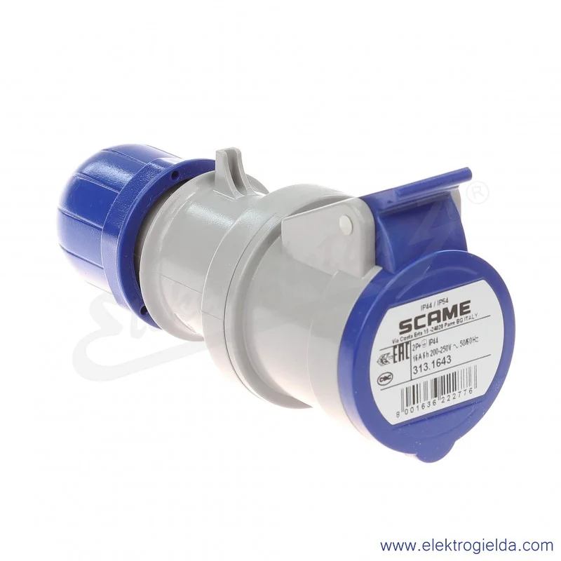 Gniazdo przenośne 3x16 2P+N 6h IP44 montaż na kabel 313.1643