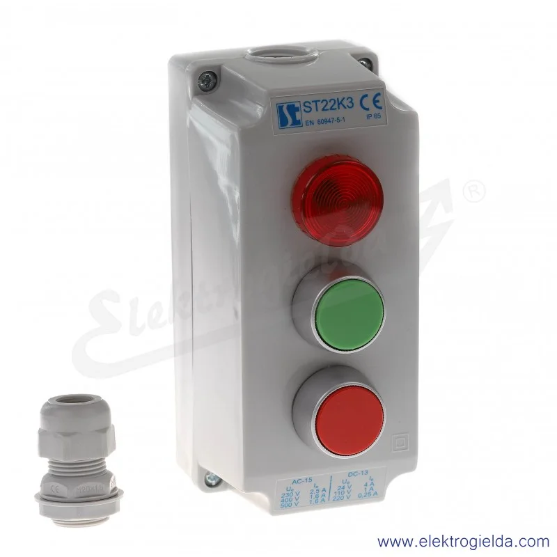 Kaseta sterownicza ST22K3\05-1, ST22 K3 Lc-Kc-Kz 3-otworowa, z przyciskami KZ(NO) KC(NC), 1 przepust M20, lampka czerwona 230V