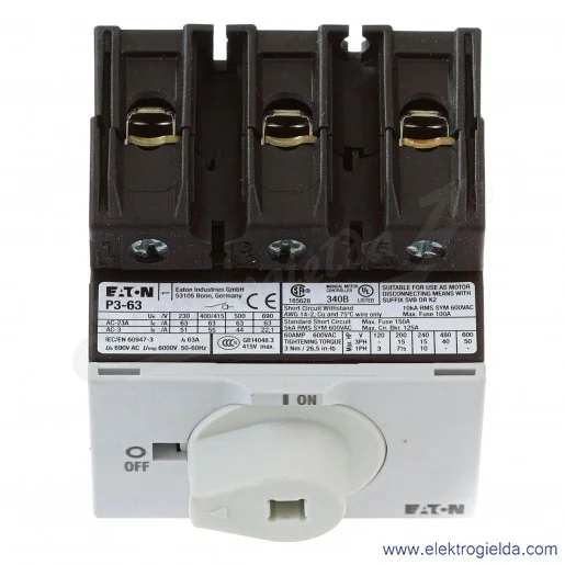 Wyłącznik serwisowy 172784, P3-63/M4/SVB, 3P, 63A, 30kW, IP65 metalowy trzpień 400mm