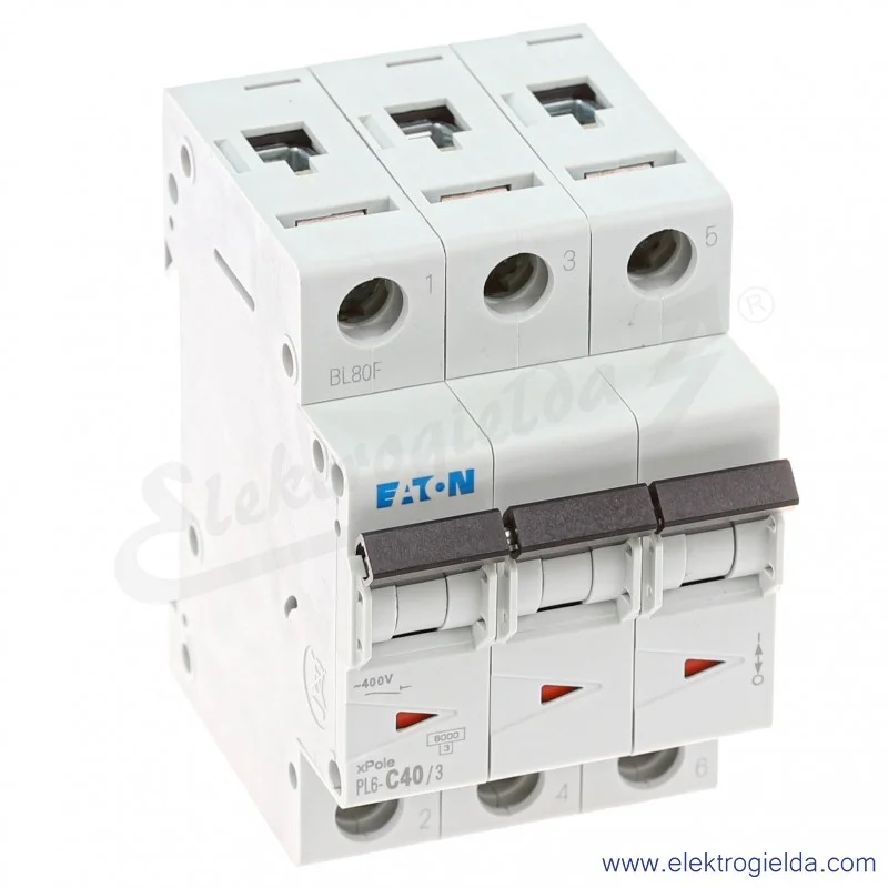 Wyłącznik nadprądowy 286605, PL6-C40/3, 3P, typ C, 40A, 6kA, AC, IP20