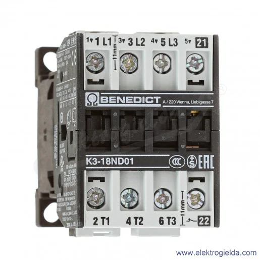 Stycznik BE-K3-18ND01-24, 3-polowy, 7,5kW, 18A, 24VAC, 1NC Stycznik BE-K3-18ND01-24, 3-polowy, 7,5kW, 18A, 24VAC, 1NC