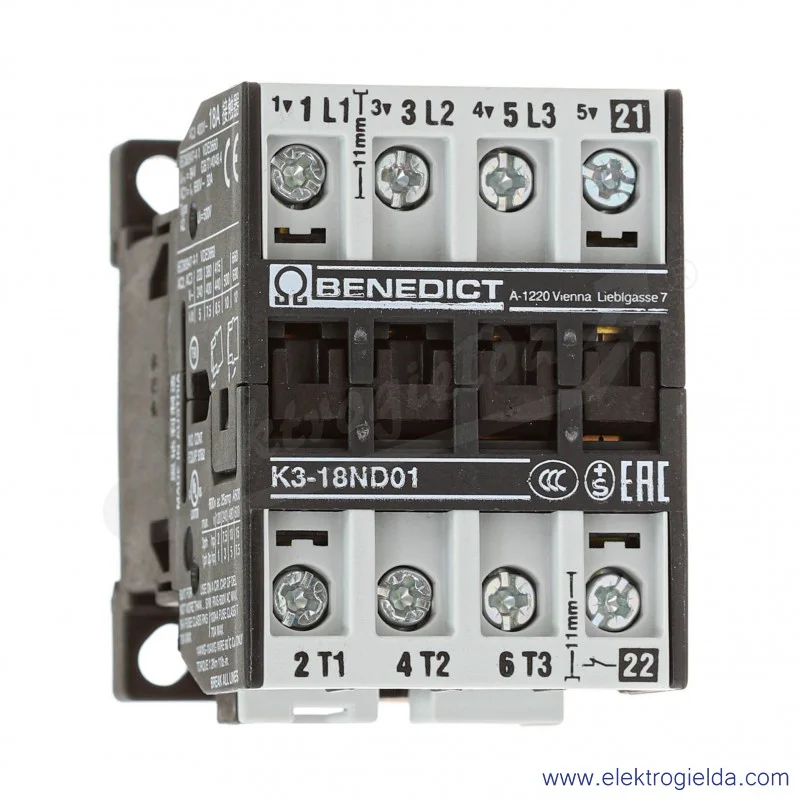 Stycznik BE-K3-18ND01-230, 3-polowy, 7,5kW, 18A, 230VAC, 1NC