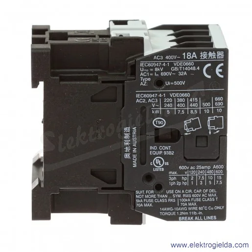 Stycznik BE-K3-18ND01-230, 3-polowy, 7,5kW, 18A, 230VAC, 1NC