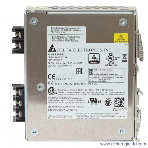 Zasilacz DRP-012V060W1AA, 12VDC 5.A, 60W, zasilanie 85..264VAC lub 120..375VDC