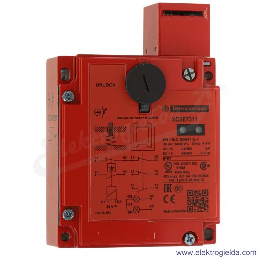 Wyłącznik krańcowy XCSE7311, 3P, 2NC+NO 24VAC/DC bezpieczeństwa, metalowy, blokowany elektromagnetycznie