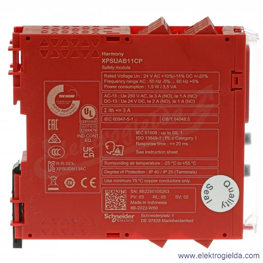 Przekaźnik bezpieczeństwa XPSUAB11CP Moduł Preventa UAB Kat.2 24VAC/DC, zaciski śrubowe