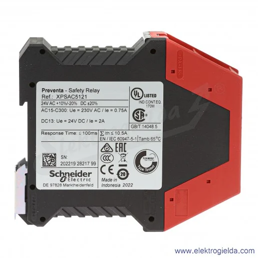 Przekaźnik bezpieczeństwa XPSAC5121 PREVENTA, 24VAC/DC, 3 wyjścia bezpieczeństwa, 1 wyjście sygnalizacyjne