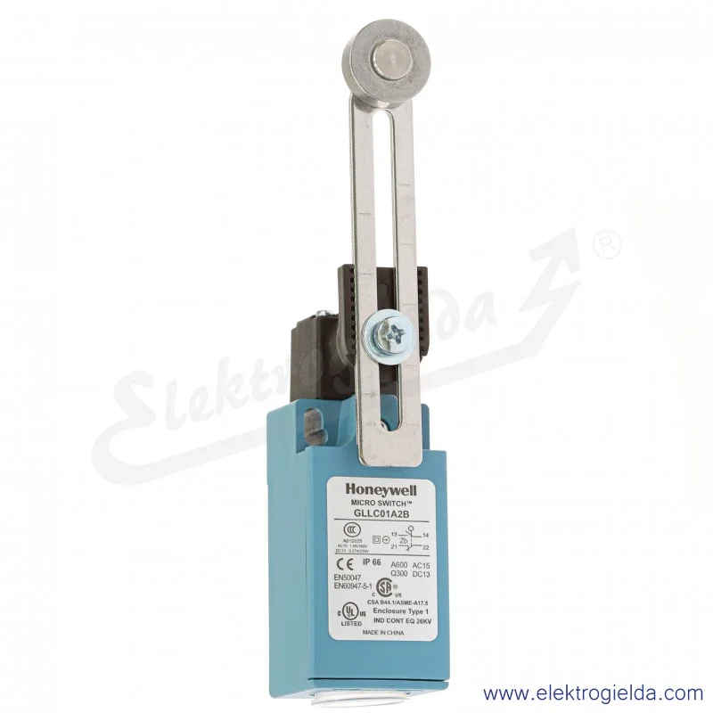 Wyłącznik krańcowy 104012 GLLC01A2B, 1NO1NC, 250VDC 300VAC 10A, dźwignia regulowana z metalową rolką