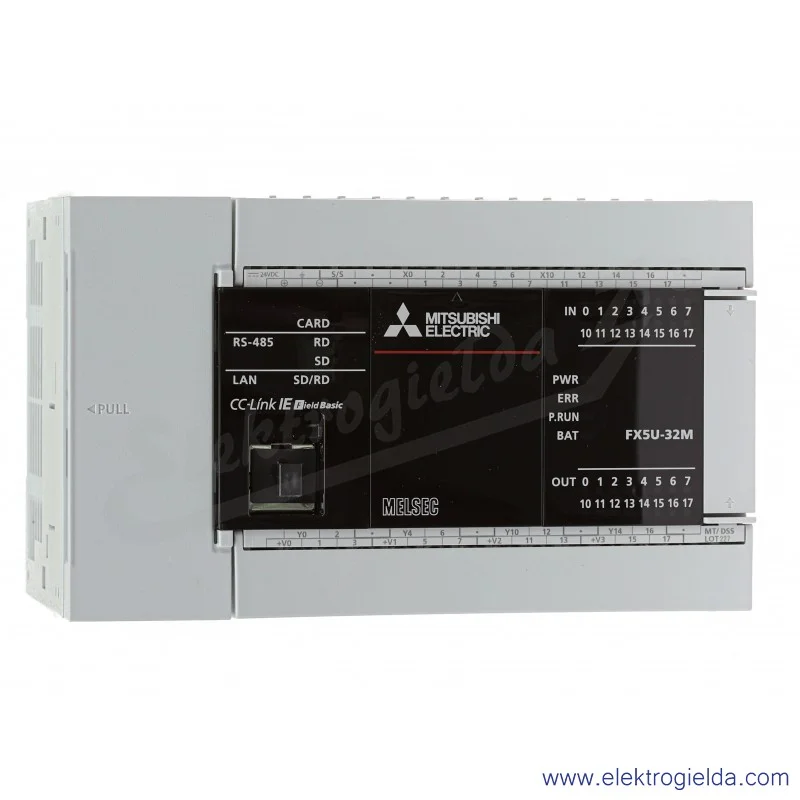 Sterownik PLC 297438, FX5U-32MT/DSS CPU 24VDC, 16 wejść, 16 wyjść tranzystorowych, 3 wyjścia analogowe,RS485