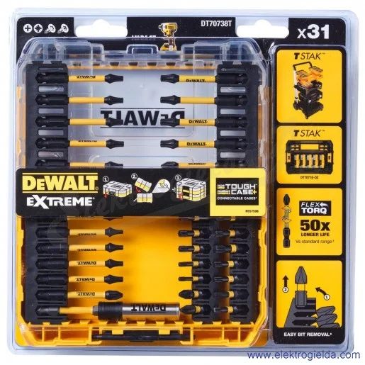 Zestaw bitów udarowych DT70738T-QZ 31 elementów FLEXTORQ, PH PZ i Torx Zestaw bitów udarowych DT70738T-QZ 31 elementów FLEXTORQ, PH PZ i Torx