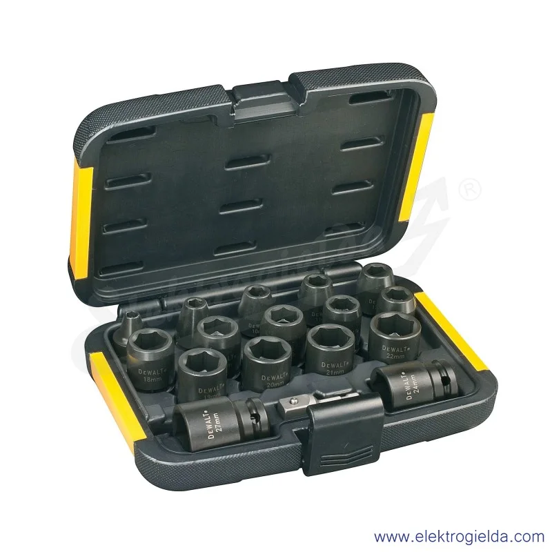 Zestaw nasadek udarowych DT7506-QZ 17 elementów , 1/2" 6,8,10,11,12,13,14,16,17,18,19,20,21,21,22,27