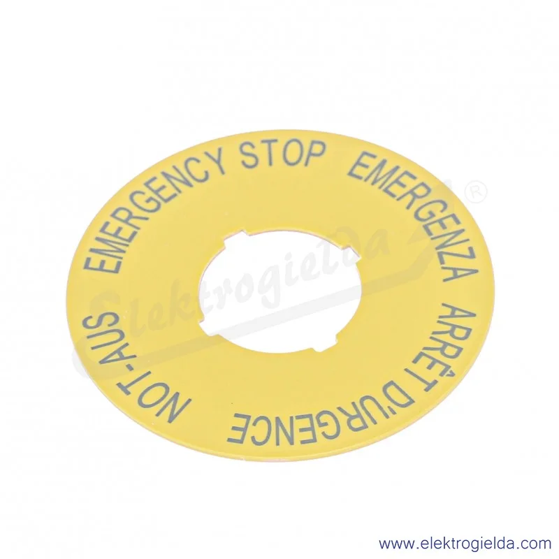 Tabliczka opisowa żółta 216483, M22-XBK1, "EMERGENCY STOP", fi 60mm