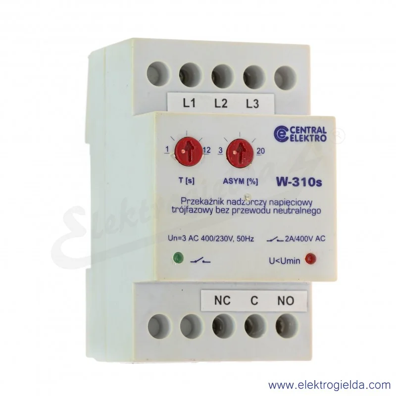 Przekaźnik nadzorczy trójfazowy W-310s wykrywacz zaniku fazy, 230..400V, 1..12T[s], 3..20ASYM[%]