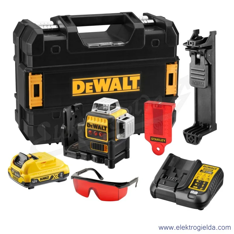Laser krzyżowy DCE089D1R-QW z aku 12V 2Ah, w zestawie z walizką ładowarką i okularami, czerwona wiązka 3x360°, zasięg 30m