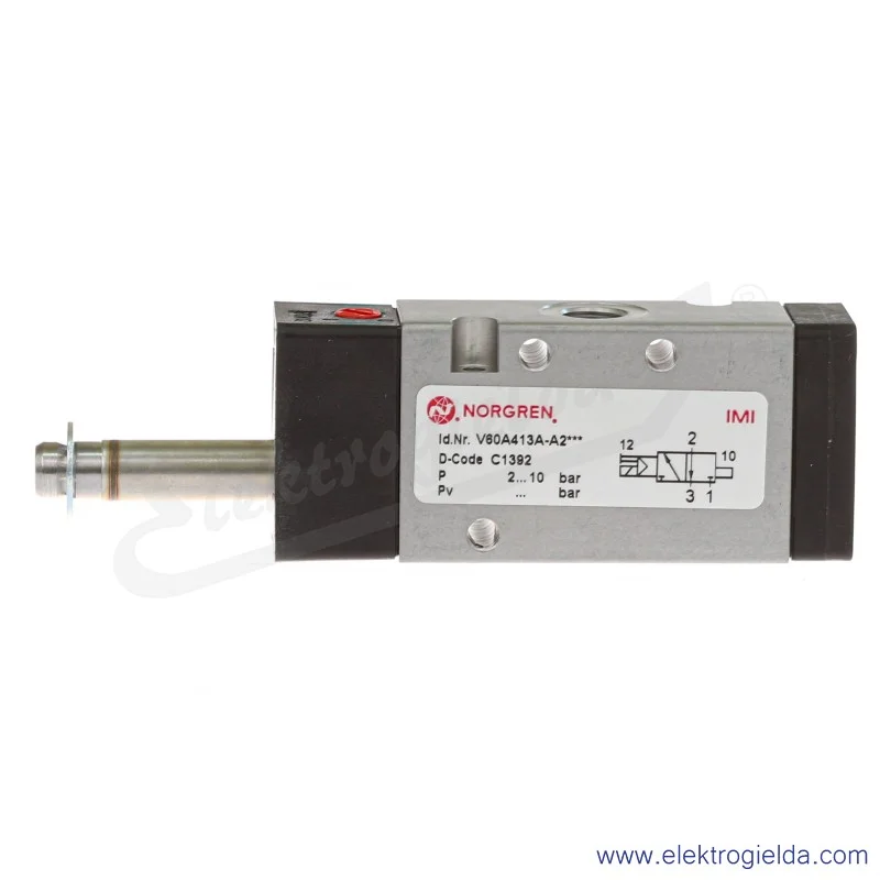 Zawór rozdzielający 3/2 G1/8 NC monostabilny, sterowany elektromagnetycznie, pilot zasilany wewnętrznie, 2-8 bar, bez cewki V60A