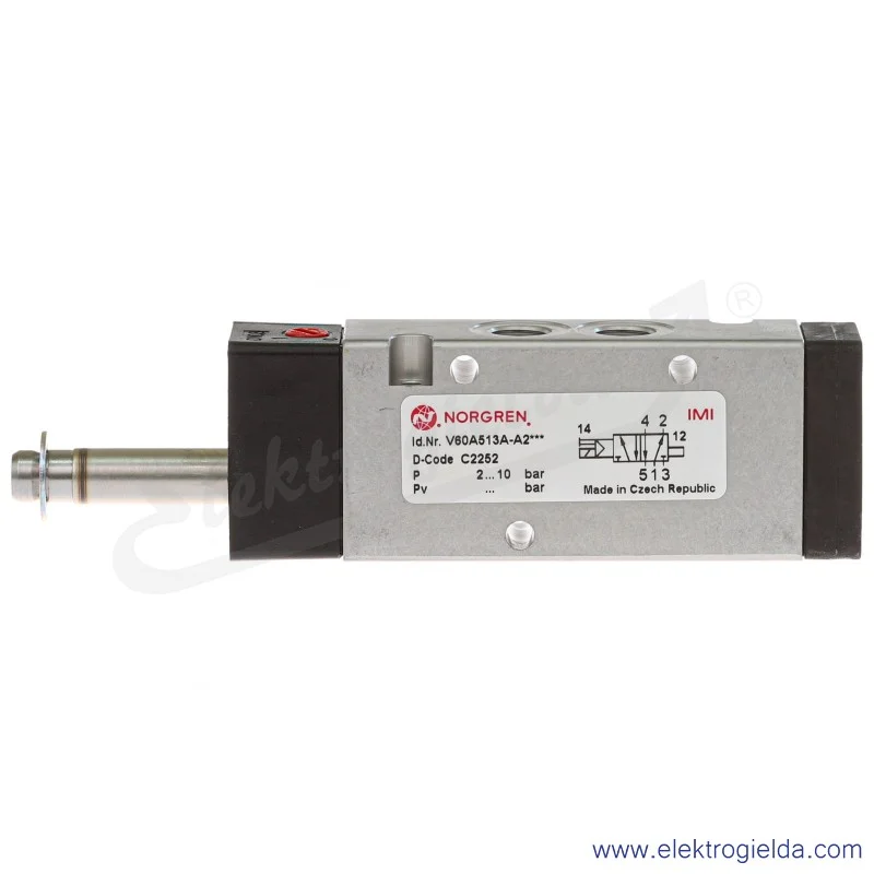 Zawór rozdzielający 5/2 G1/8 monostabilny, sterowany elektromagnetycznie, pilot zasilany wewnętrznie, 2-8 bar, bez cewki V60A513
