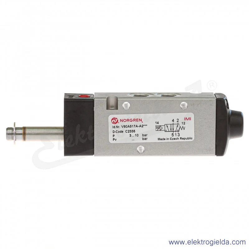 Zawór rozdzielający 5/2 G1/8 monostabilny, sterowany elektromagnetycznie, pilot zasilany wewnętrznie, 3-8 bar, bez cewki V60A517
