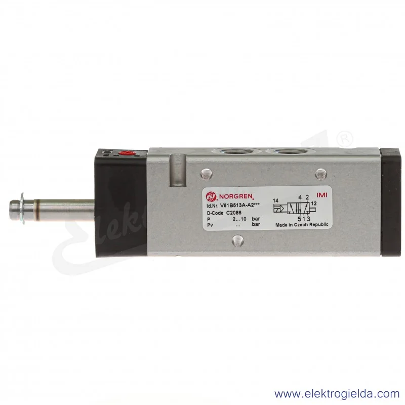Zawór rozdzielający 5/2 G1/4 monostabilny, sterowany elektromagnetycznie, pilot zasilany wewnętrznie, 2-8 bar, bez cewki V61B513