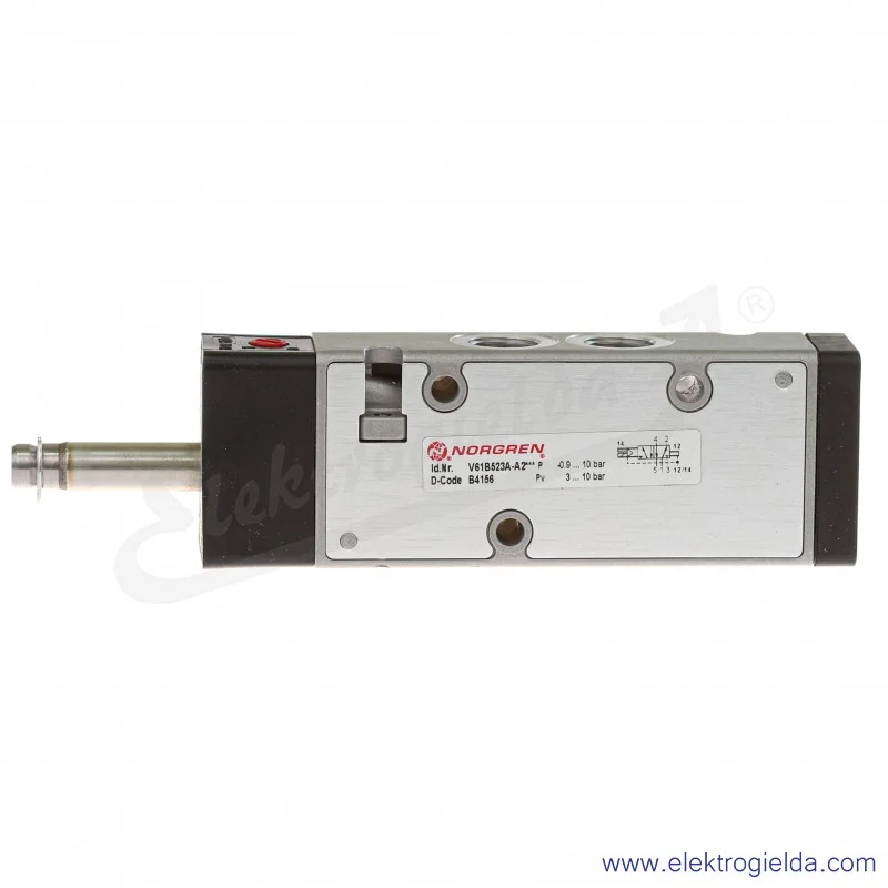 Zawór rozdzielający 5/2 G1/4 monostabilny, sterowany elektromagnetycznie, pilot zasilany zewnętrznie, -0,9-8 bar, bez cewek V61B