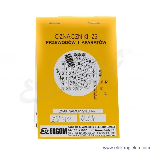 Znaki samoprzylepne E04ZP-02030400100, ZS D10/UZK czarny znak "UZK" na żółtym tle, 10 arkuszy po 48 sztuk
