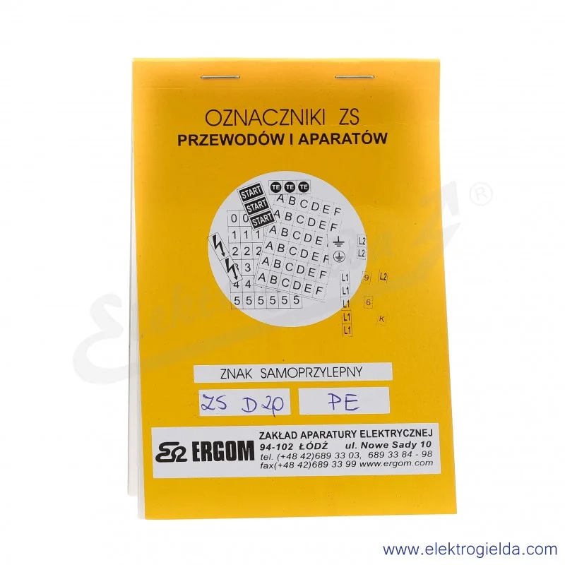 Znaki samoprzylepne E04ZP-02030403400, ZS D20/PE czarny znak "PE" na żółto zielonym tle, 10 arkuszy po 20 sztuk