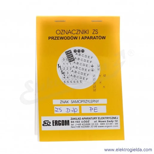 Znaki samoprzylepne E04ZP-02030403400, ZS D20/PE czarny znak "PE" na żółto zielonym tle, 10 arkuszy po 20 sztuk
