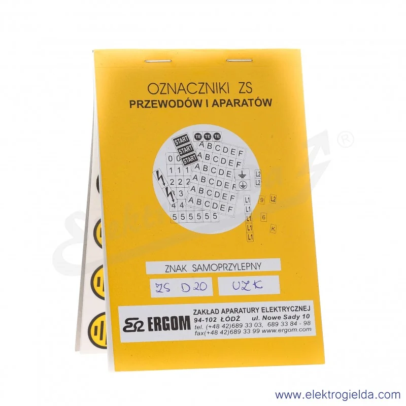 Znaki samoprzylepne E04ZP-02030404200, ZS D20/UZK, 10x20 sztuk, *UZK* - uziemienie