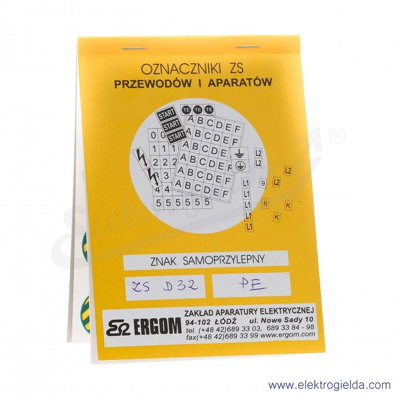 Znaki samoprzylepne E04ZP-02030405400 ZS D32/PE biały znak "PE" na żółto-zielonym tle, 10 arkuszy po 12 sztuk