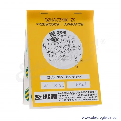 Znaki samoprzylepne E04ZP-02030405500, ZS D32/PEN, biały znak "PEN" na żółto-zielonym tle, 10 arkuszy po 12 sztuk
