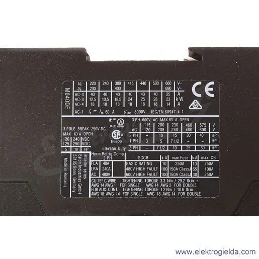 Stycznik DILM40-EA(230V50HZ,240V60HZ) 3P 18,5kW 40A Us 230VAC