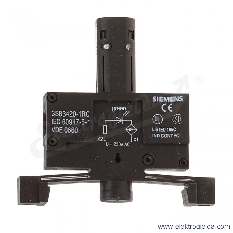 Oprawka LED 3SB34201RC 3SB3420-1RC zielona 230VAC, do mocowania w dolnej części kasety
