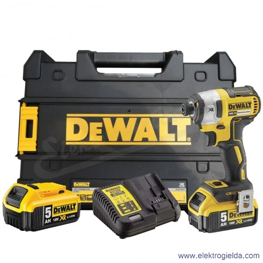 Zakrętarka udarowa DCF887P2-QW 1/4" 18V 205Nm, 3-biegowa, ładowarka z dwoma akumulatorami 5AH i walizką TSTAK