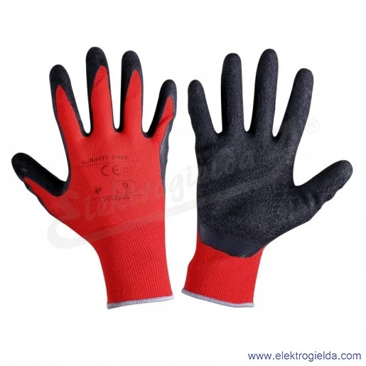 Rękawice ochronne L211209K poliestrowe z powłoką latexową, czarno-czerwone, rozmiar 9