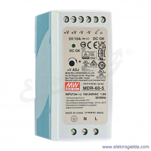 Zasilacz impulsowy MDR-60-5 zasilanie 85-264VAC lub 120-370VDC, wyjście 5V 10A 60W Zasilacz impulsowy MDR-60-5 zasilanie 85-264VAC lub 120-370VDC, wyjście 5V 10A 60W