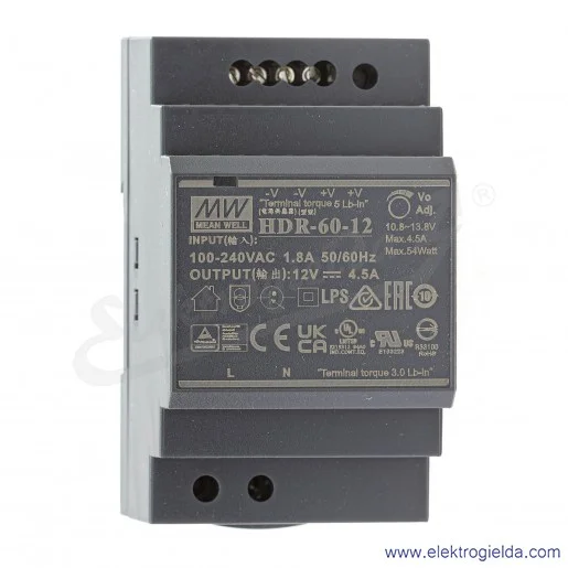 Zasilacz modułowy HDR-60-12 zasilanie 85-264VAC lub 120-370VDC, wyjście 12V 0..4.5A 60W Zasilacz modułowy HDR-60-12 zasilanie 85-264VAC lub 120-370VDC, wyjście 12V 0..4.5A 60W