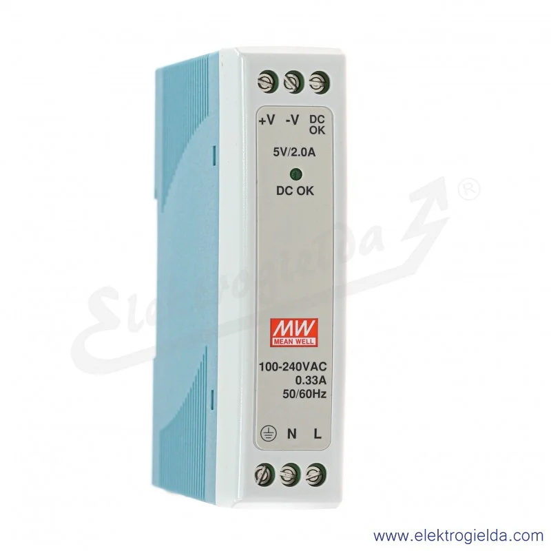 Zasilacz impulsowy MDR-10-5 zasilanie 85-264VAC lub 120-370VDC, wyjście 5V 2A 10W