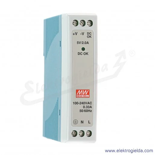 Zasilacz impulsowy MDR-10-5 zasilanie 85-264VAC lub 120-370VDC, wyjście 5V 2A 10W