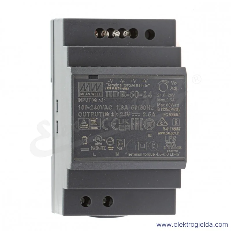 Zasilacz HDR-60-24 zasilanie 85-264VAC lub 120-370VDC, wyjście 24V 2.5A 60W