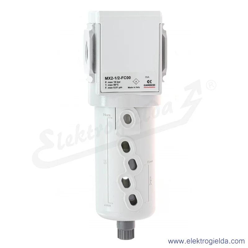 Filtr koalescencyjny MX2-1/2-FC00, G1/2, filtracja 0,01 µm, 8 Bar, 3800 l/min, spust półautomatyczny-ręczny, Camozzi