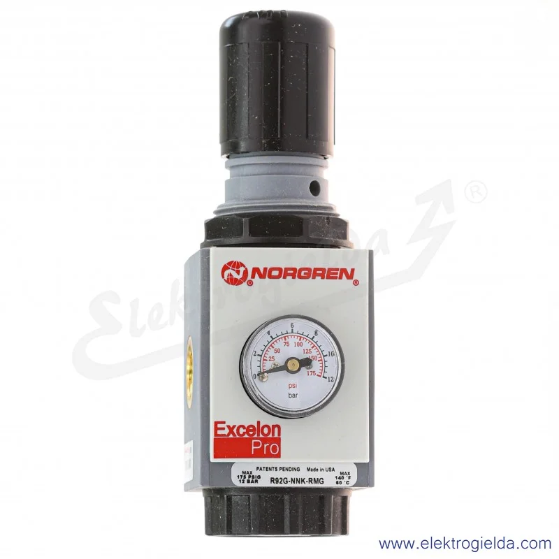 Reduktor R92G-2VK-RMG, G1/4, zakres regulacji ciśnienia 0.3-10 Bar, 1500 l/min, z wbudowanym manometrem