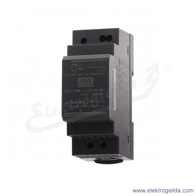 Zasilacz impulsowy HDR-30-24 zasilanie 85-264VAC lub 120-370VDC, wyjście 24V 1.5A 30W