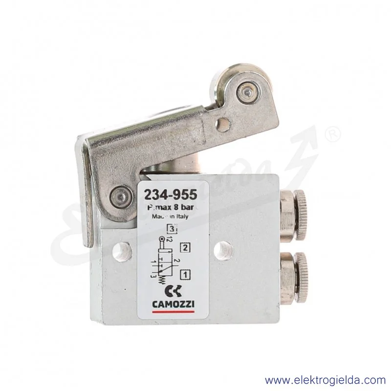 Krańcówka pneumatyczna 234-955, 3/2 NC, Fi 4, 2-10 Bar, 60 l/min, krótka dźwignia z rolką, siła uruchamiająca 6 (N), Camozzi