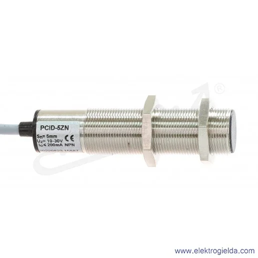 Czujnik indukcyjny PCID 5ZN 10..30VDC, zasięg 5mm, NPN NO, tuleja M18, przewód 2m, długość 76mm