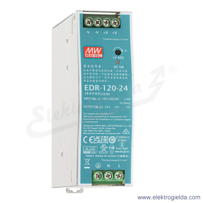 Zasilacz impulsowy EDR-120-24 zasilanie 90-264VAC lub124-370VDC, wyjście 24V 5A 120W