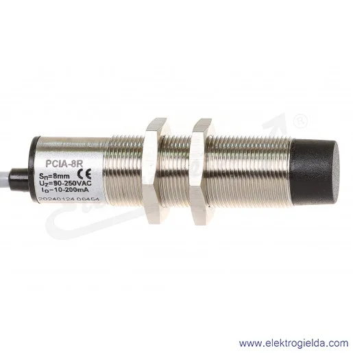 Czujnik indukcyjny PCIA 8R 90-250VAC, NC, zasięg 8mm, tuleja M18 wystający, przewód 2m, długość 76mm